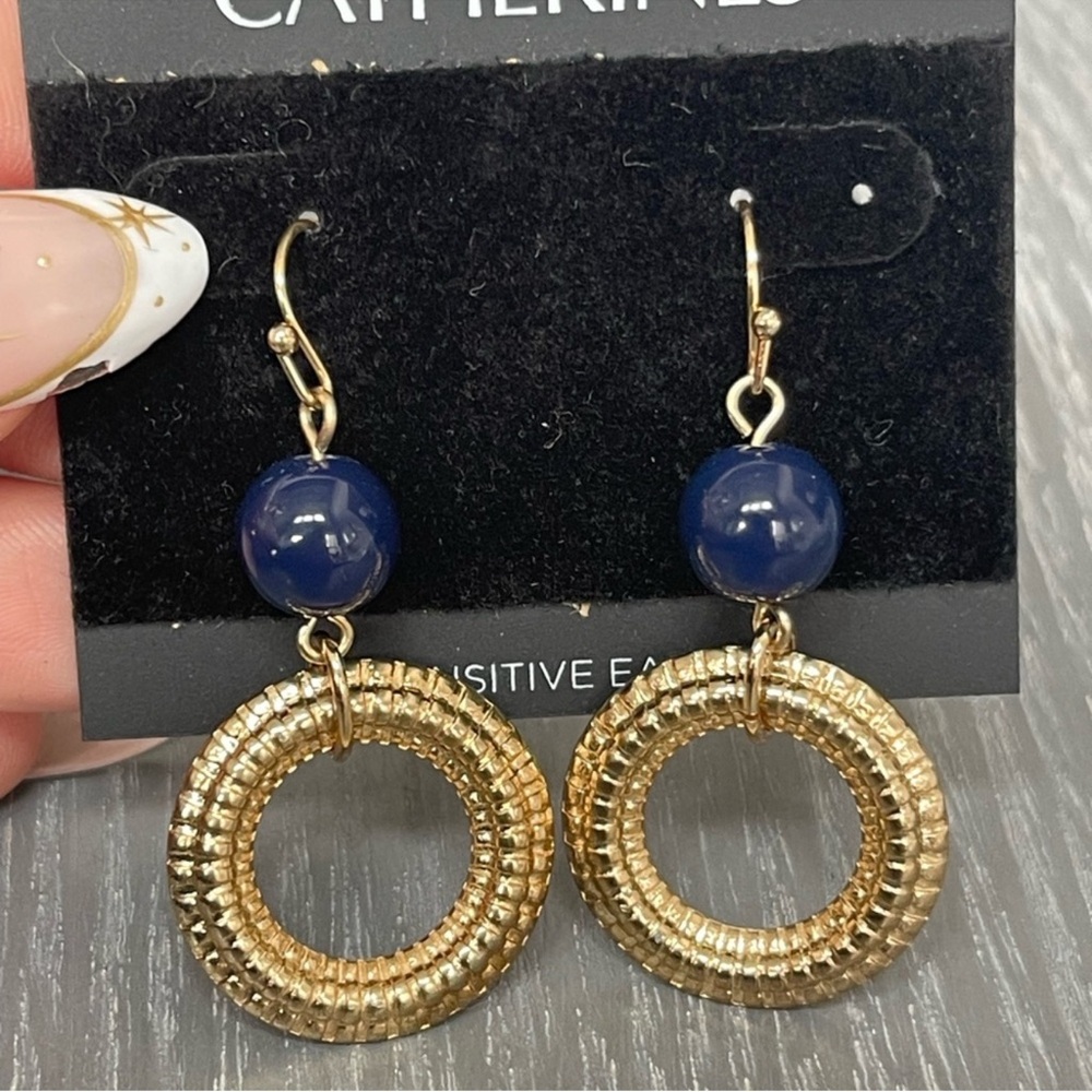 Catherines Gold Textured Earrings with Navy Accent